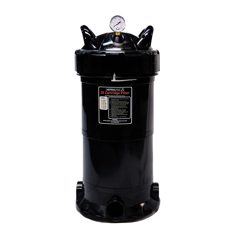 A black AstralPool ZX cartridge filter with a pressure gauge on top, shown against a black background.