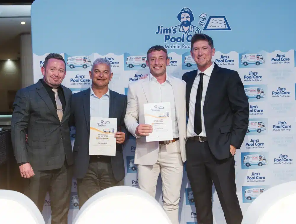 Franchisee of the Year commendation recipients with their certificates at the Jim's Pool Care 2026 National Awards
