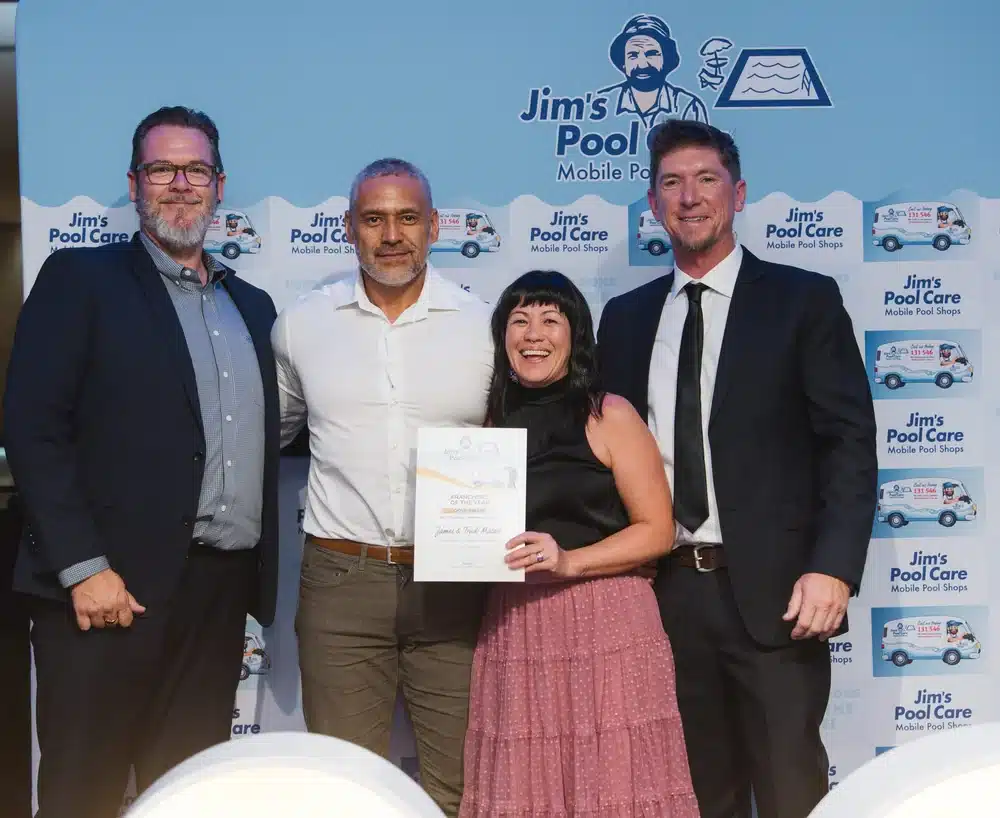 James and Trudi Mataiti of Jim's Pool Care Marcoola / Buderim receiving the Franchisee of the Year 2026 Gold Award