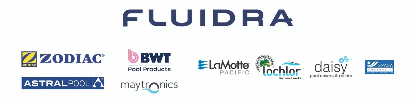 Logos of the Jim's Pool Care 2026 National Award sponsors: Fluidra, Zodiac, AstralPool, BWT Pool Products, Maytronics, LaMotte Pacific, Lochlor, Daisy and SPASA Australia