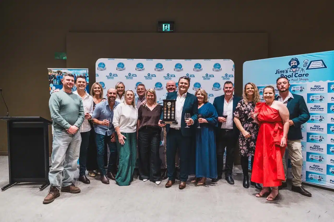Jim's Pool Care franchise award winners together at the 2025 awards night with the national perpetual trophy