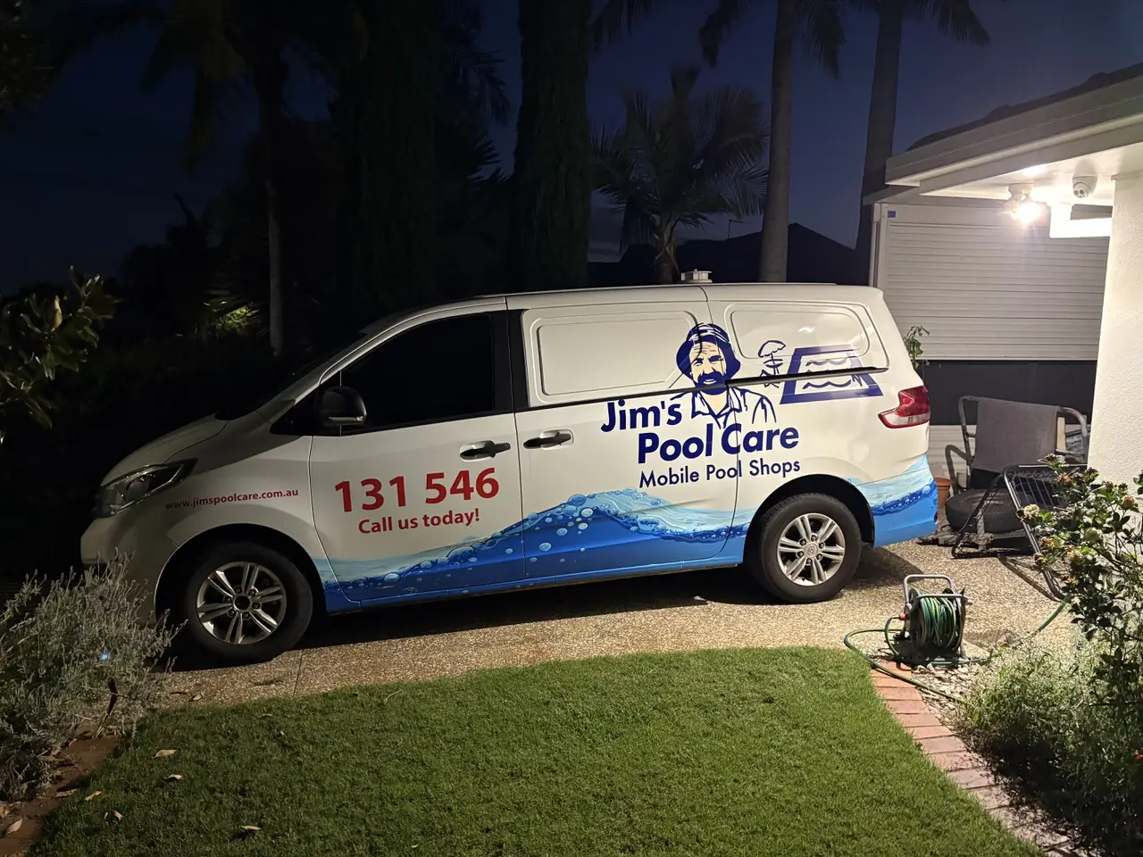 Jim's Pool Care Mobile Pool Shop van parked at a customer's home in Wellington Point