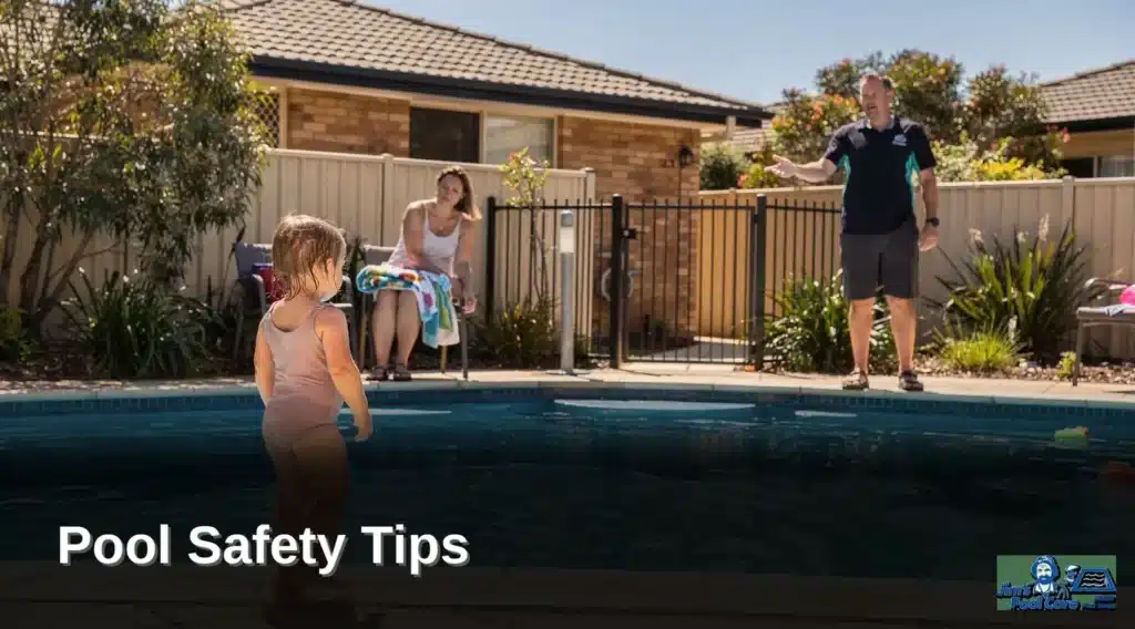 Jim’s Pool Care technician sharing pool safety tips with a parent supervising a young child beside a fenced backyard pool