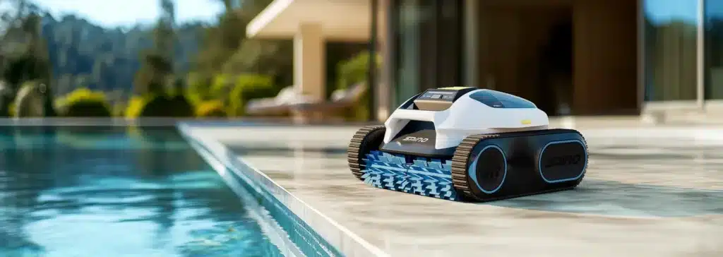 Robotic pool cleaner sitting on the paving beside a clean backyard swimming pool