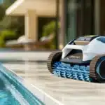 Robotic pool cleaner sitting on the paving beside a clean backyard swimming pool