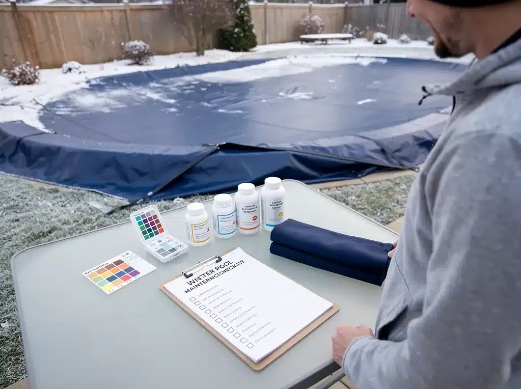 Pool owner with a winter pool maintenance checklist, test kit and chemicals beside a covered pool