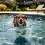 Happy wet dog swimming in a clear backyard swimming pool with sun loungers and garden behind